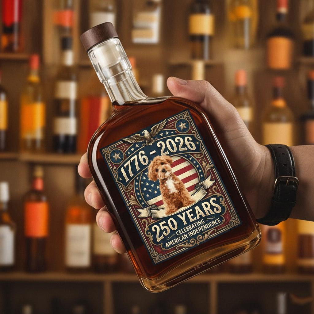 Custom Photo 250 Years In Purr-suit Of Liberty Vintage Dog Whiskey Bottle