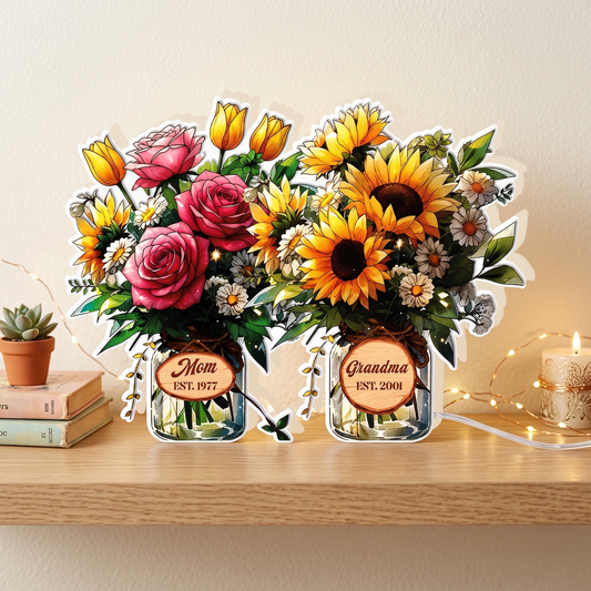 Personalized Mom and Child Flower Vase Night Light Box - Custom Acrylic LED Sign - Mother's Day Gift