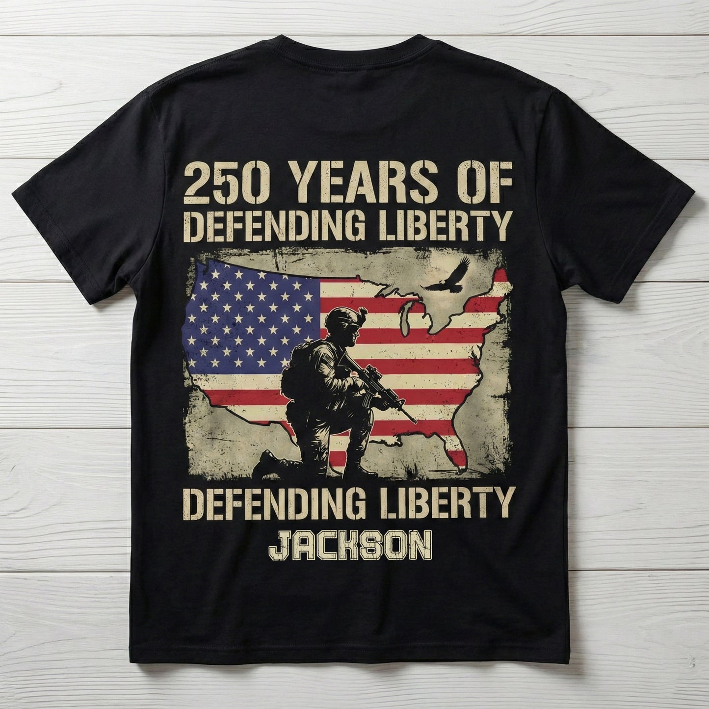 250 Years of Defending Liberty Shirt – Patriotic Soldier USA Flag 4th of July 2026 Personalized Back Tee