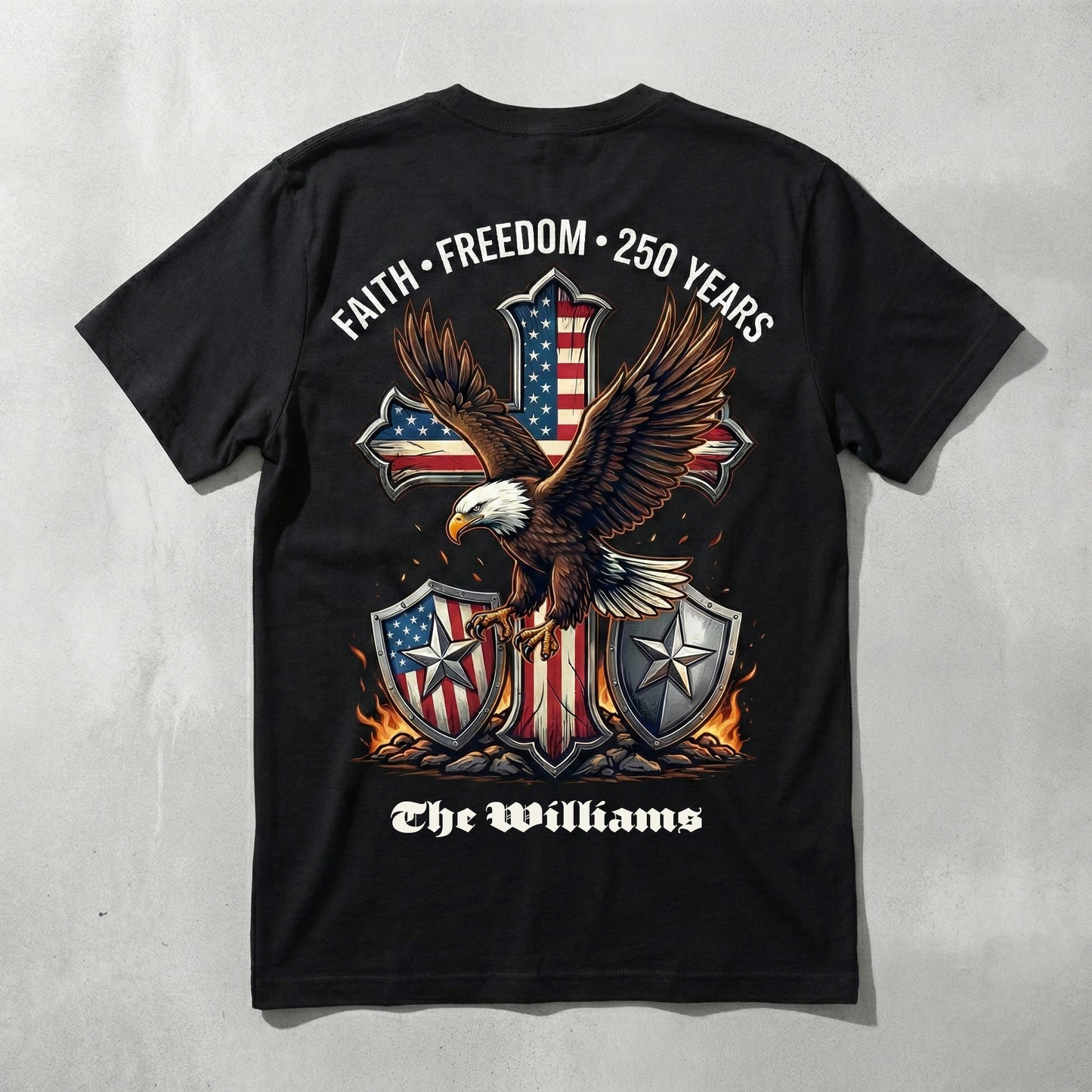 250 Years of Freedom Shirt 1776–2026 – Patriotic Eagle Cross Faith USA T-Shirt Personalized Name Tee