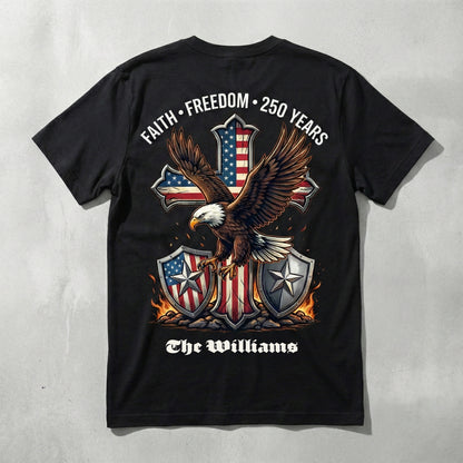 250 Years of Freedom Shirt 1776–2026 – Patriotic Eagle Cross Faith USA T-Shirt Personalized Name Tee