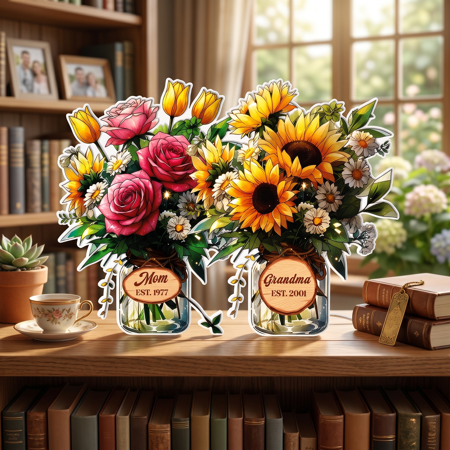 Personalized Mom and Child Flower Vase Night Light Box – Custom Acrylic LED Sign – Mother’s Day Gift