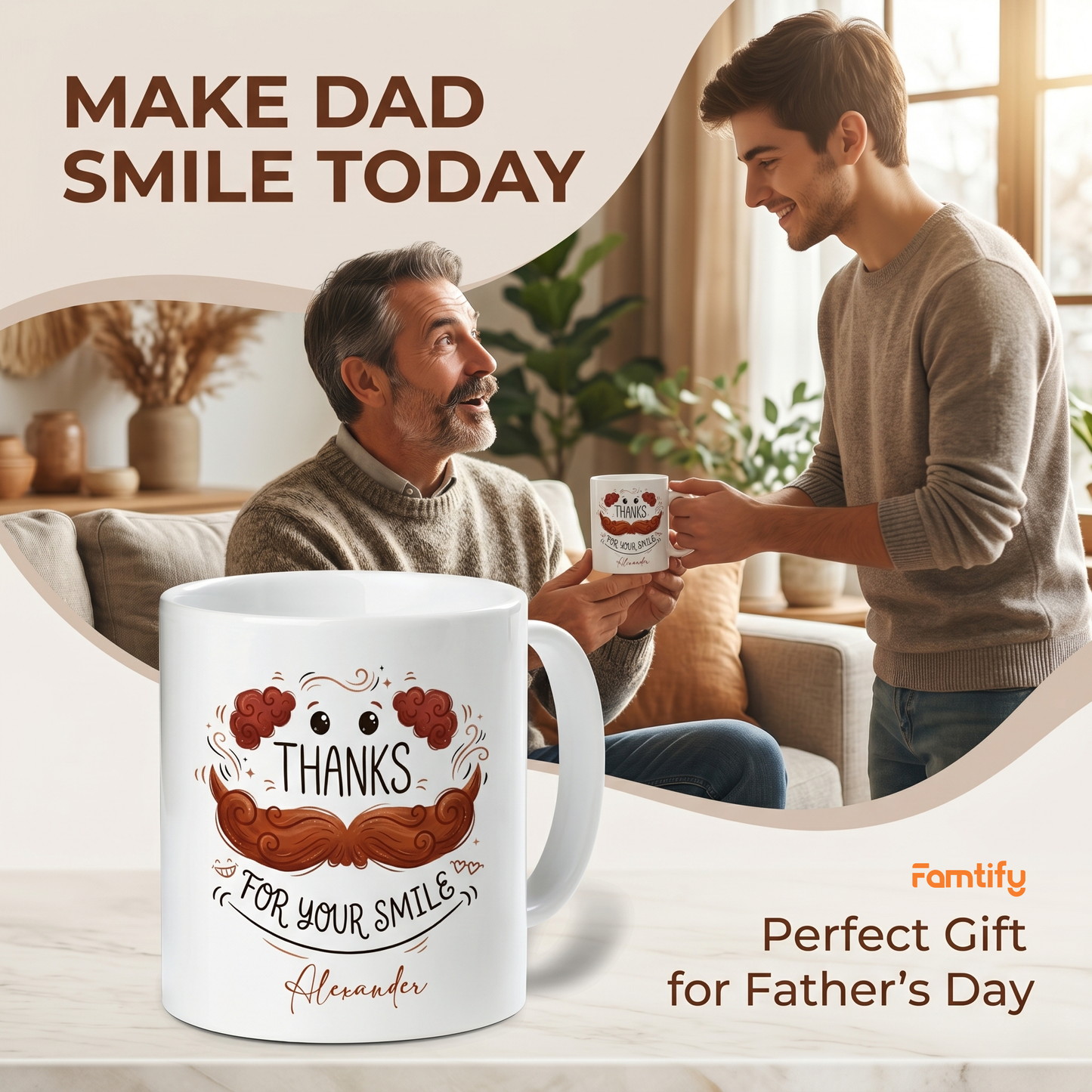 Custom Name Dad Mug – Thanks for Your Smile Funny Mustache Coffee Cup, Personalized Gift for Father