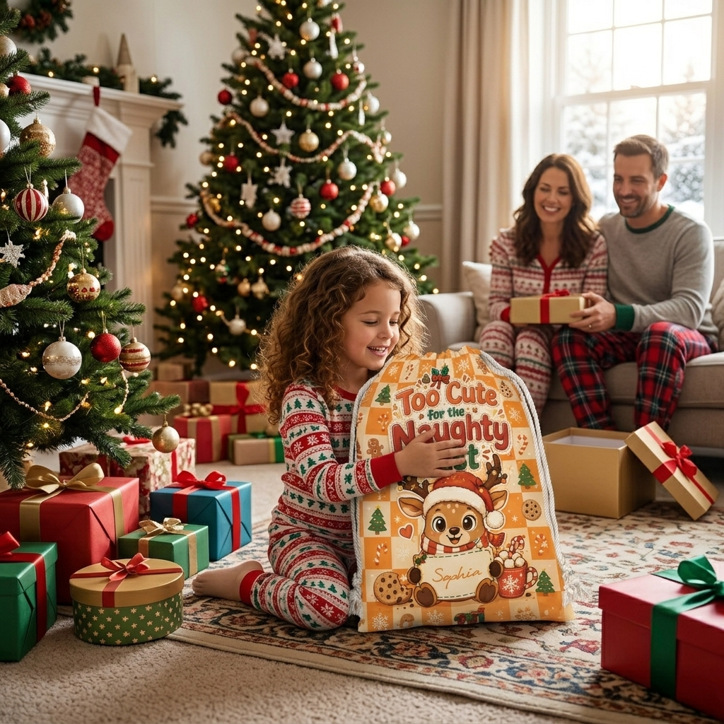 Personalized Too Cute for the Naughty List Christmas Sack with Custom Name