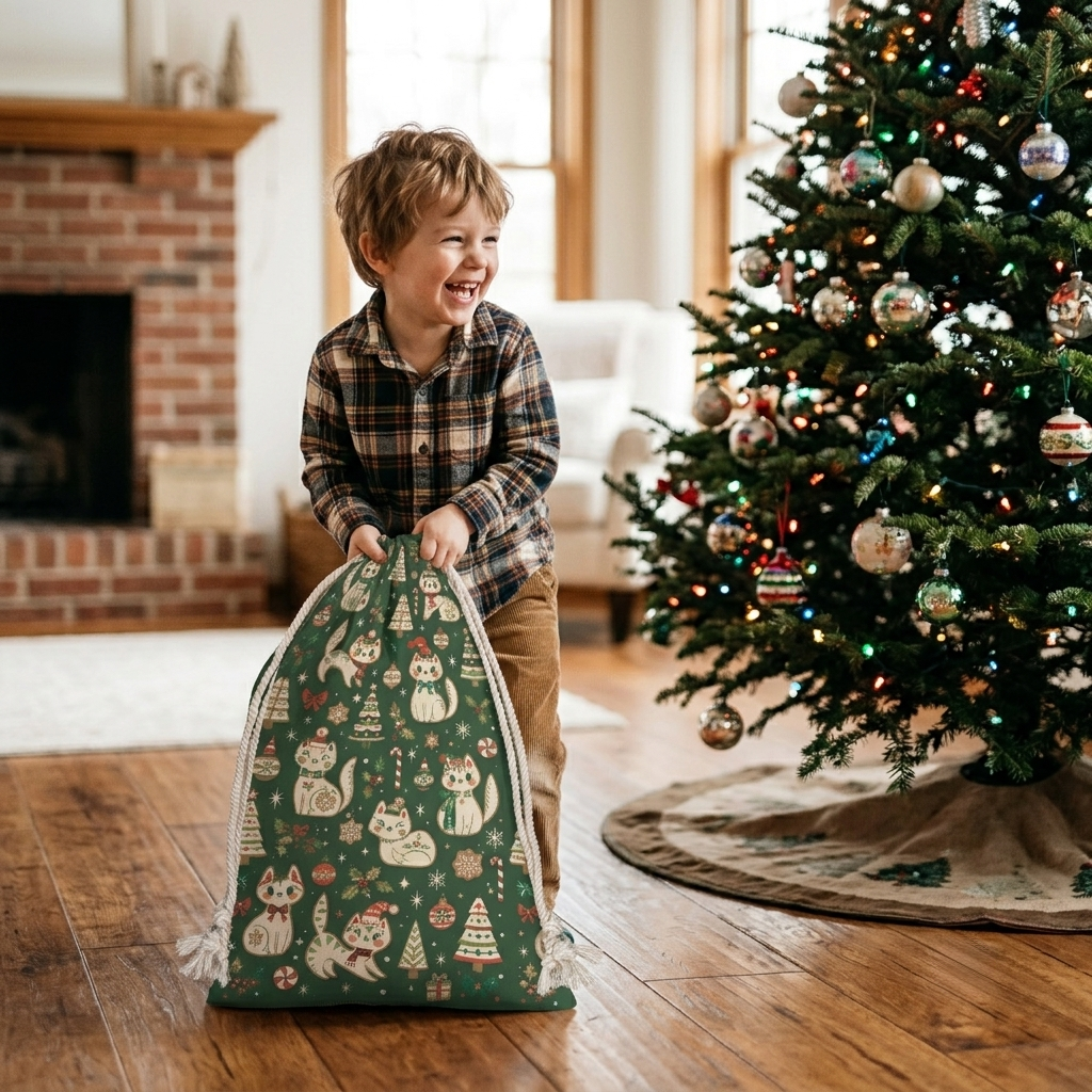 Vintage Christmas Cats Pattern Christmas Sack | Reusable Holiday Gift Bag