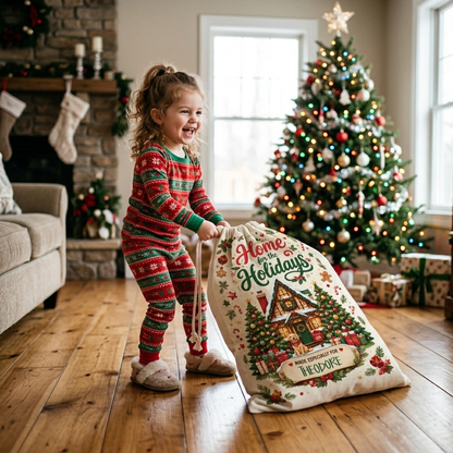 Personalized Home for the Holidays Christmas Sack, Custom Name Santa Gift Bag