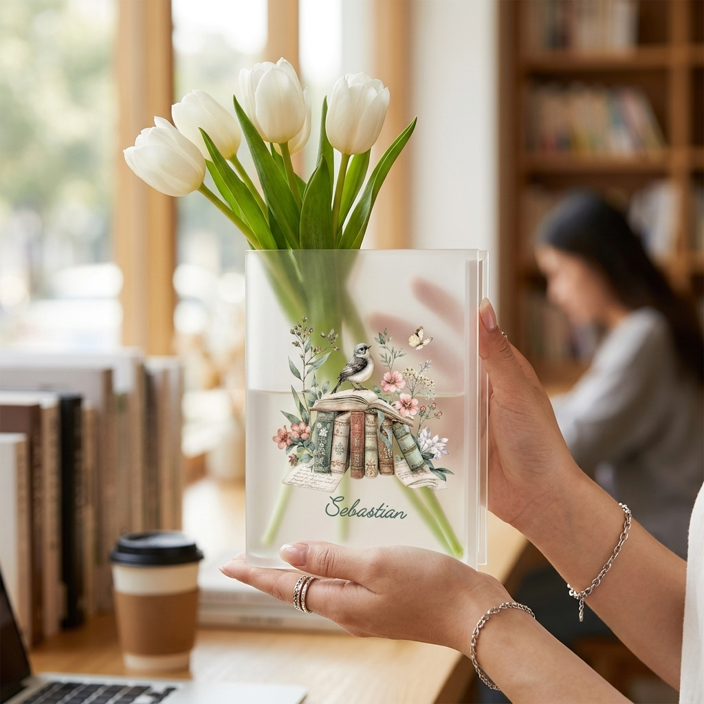 Personalized Vintage Books & Bird Acrylic Book Vase, Custom Name Literary Flower Vase