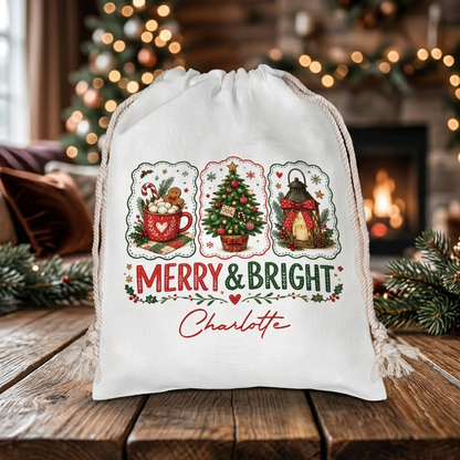 Personalized Merry & Bright Christmas Sack, Custom Name Santa Gift Bag