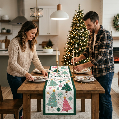 Personalized Family Name Whimsical Christmas Trees Quilt Table Runner, Custom Pastel & Green Trees Quilted Table Runner Decor, Festive Holiday Dining Room Table Topper