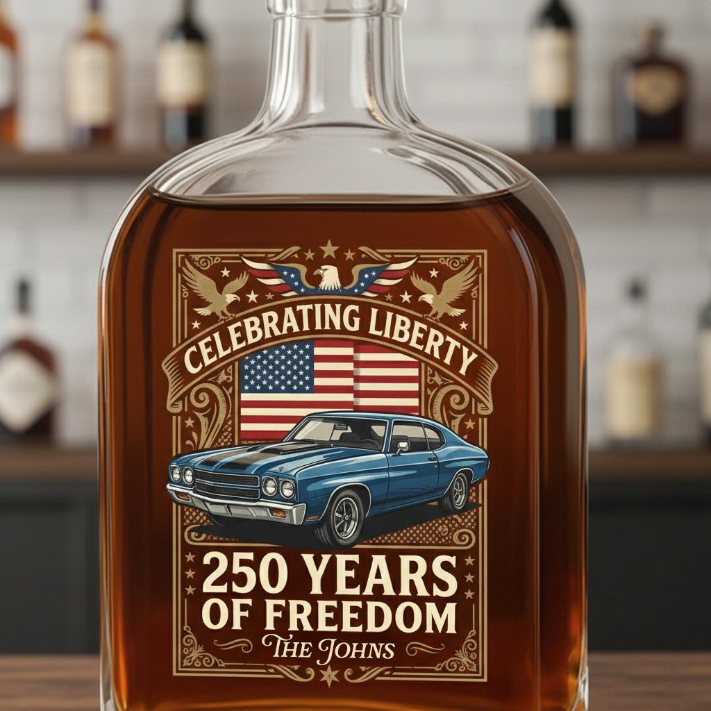 Custom Car Photo I Ride for America 250 Whiskey Bottle