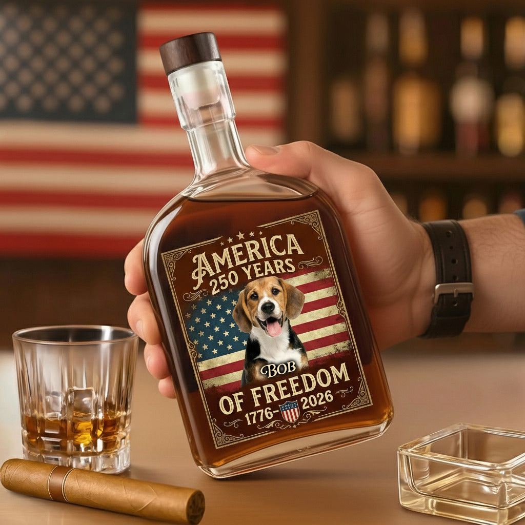 Custom Dog Photo Celebrate 250 Years of America Whiskey Bottle