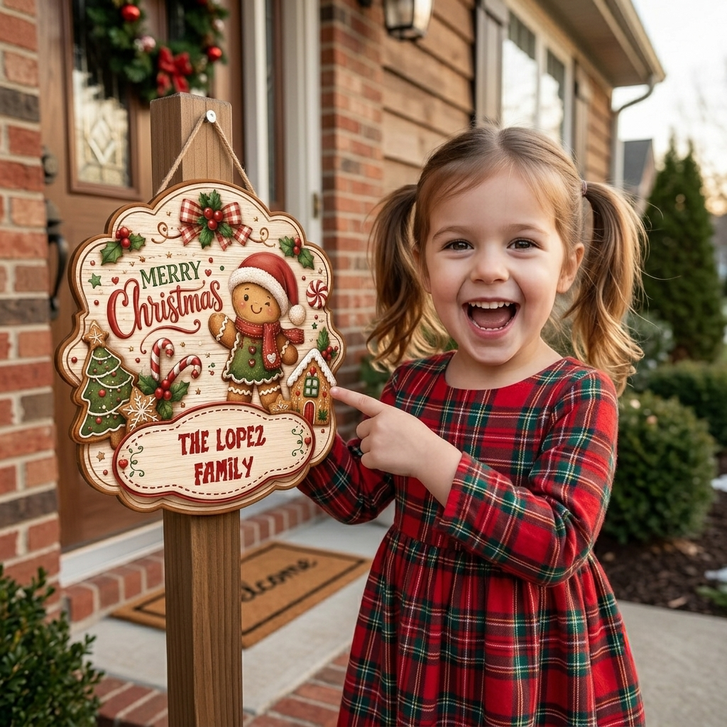 Personalized Gingerbread Merry Christmas Custom Shape Wood Sign, Cute Christmas Door Hanger Custom Family Name Gingerbread Man & House Wooden Plaque, Holiday Wall Decor & Family Gift