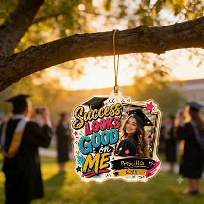 Success Looks Good on Me Custom Photo Acrylic Ornament, Personalized Graduation Gift with Name