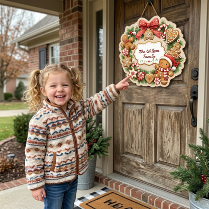 Personalized Gingerbread Wreath Custom Shape Wood Sign, Cute Christmas Door Hanger Custom Family Name Gingerbread Man & Cookie Wreath Wooden Plaque, Holiday Wall Decor & Family Gift