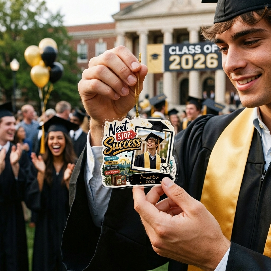 Next Stop: Success Personalized Acrylic Ornament with Photo, Custom Name Graduation Gift