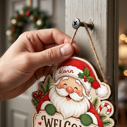 Personalized Santa Claus Custom Shape Wood Sign, Custom Name Welcome Holiday Cute Santa Claus Wooden Wall Hanging Decor for Christmas Home Entryway Door