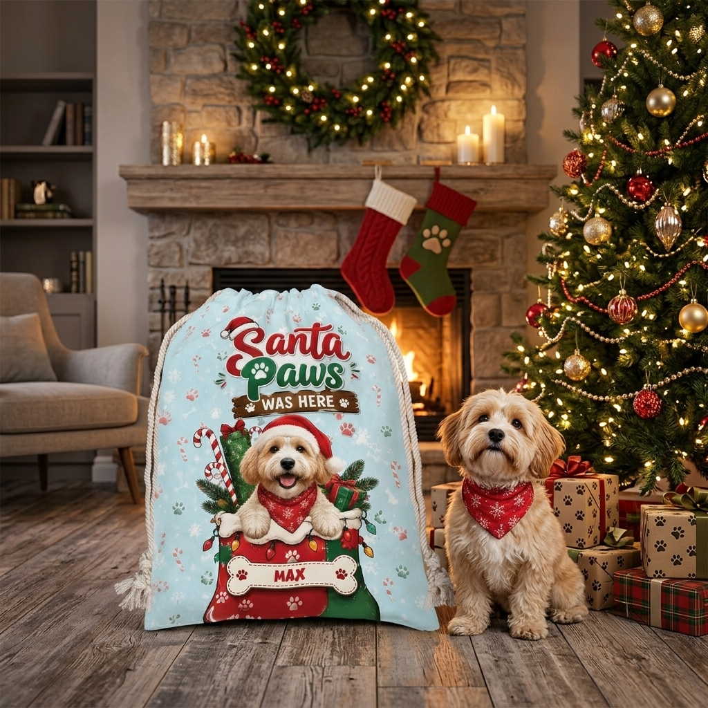 Personalized Santa Paws Was Here Christmas Sack, Custom Pet Name Santa Gift Bag
