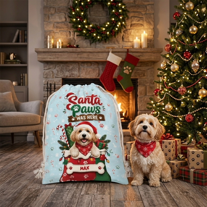 Personalized Santa Paws Was Here Christmas Sack, Custom Pet Name Santa Gift Bag