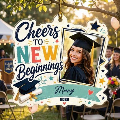 Cheers to New Beginnings Personalized Acrylic Ornament with Photo, Custom Name Graduation Gift