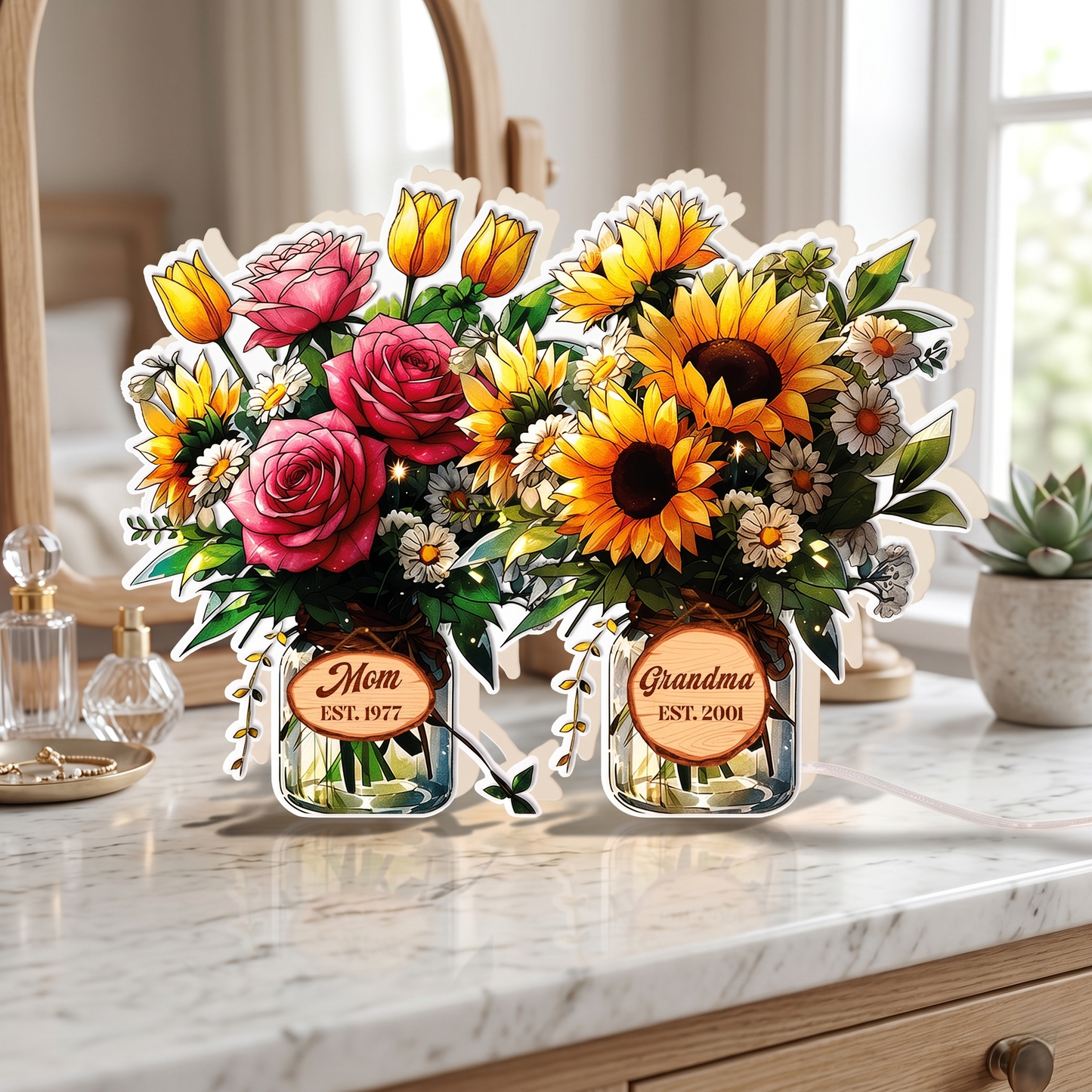 Personalized Mom and Child Flower Vase Night Light Box – Custom Acrylic LED Sign – Mother’s Day Gift