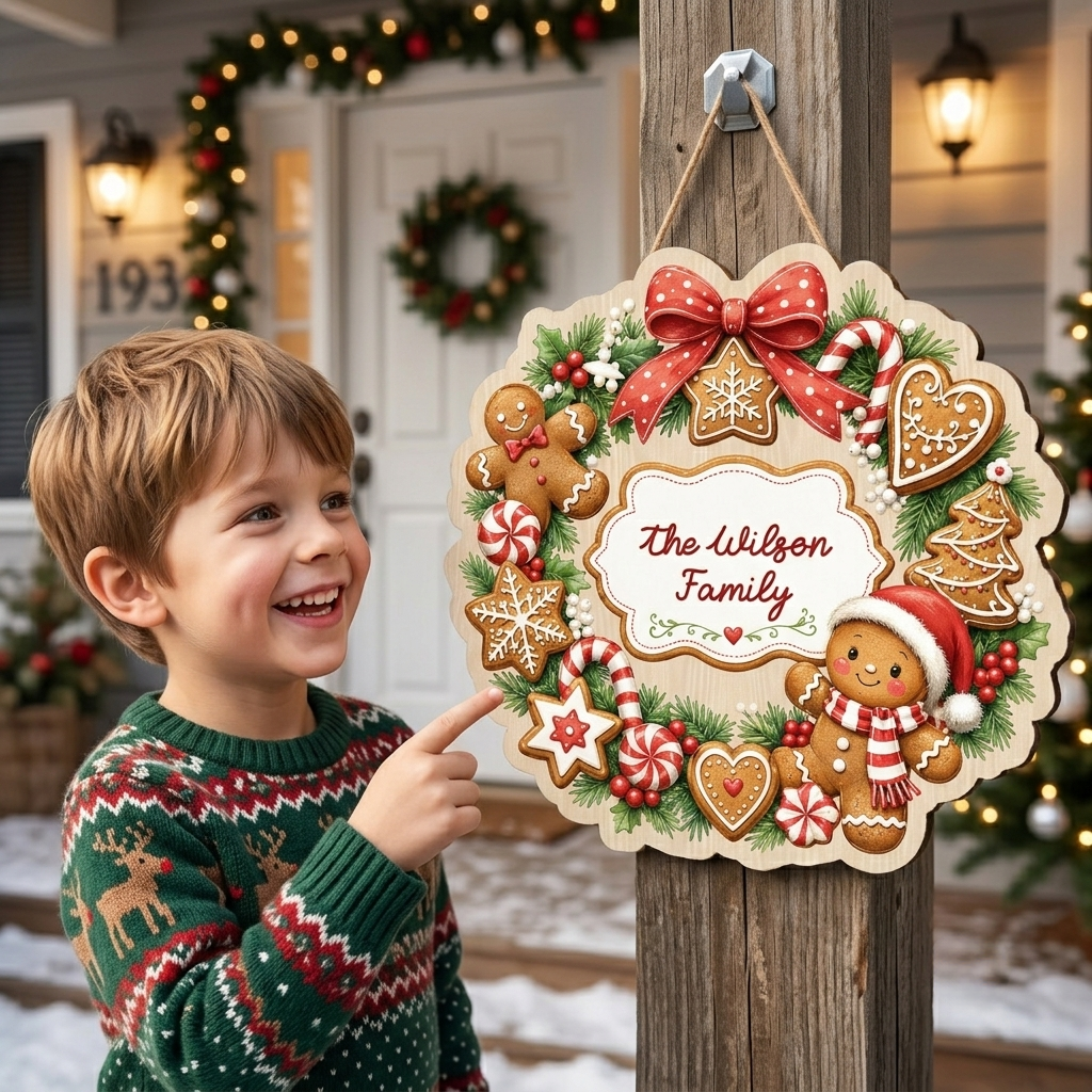 Personalized Gingerbread Wreath Custom Shape Wood Sign, Cute Christmas Door Hanger Custom Family Name Gingerbread Man & Cookie Wreath Wooden Plaque, Holiday Wall Decor & Family Gift