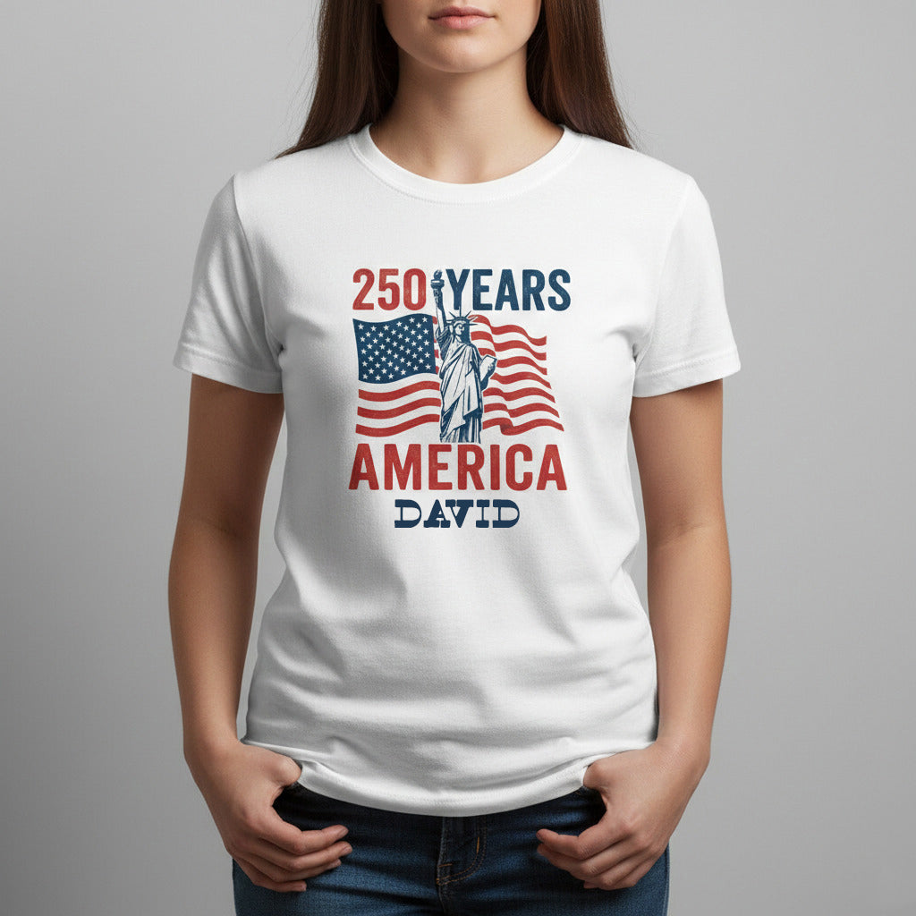 Personalized USA 250 Years America T-Shirt – 1776–2026 Patriotic Statue of Liberty Custom Name Shirt