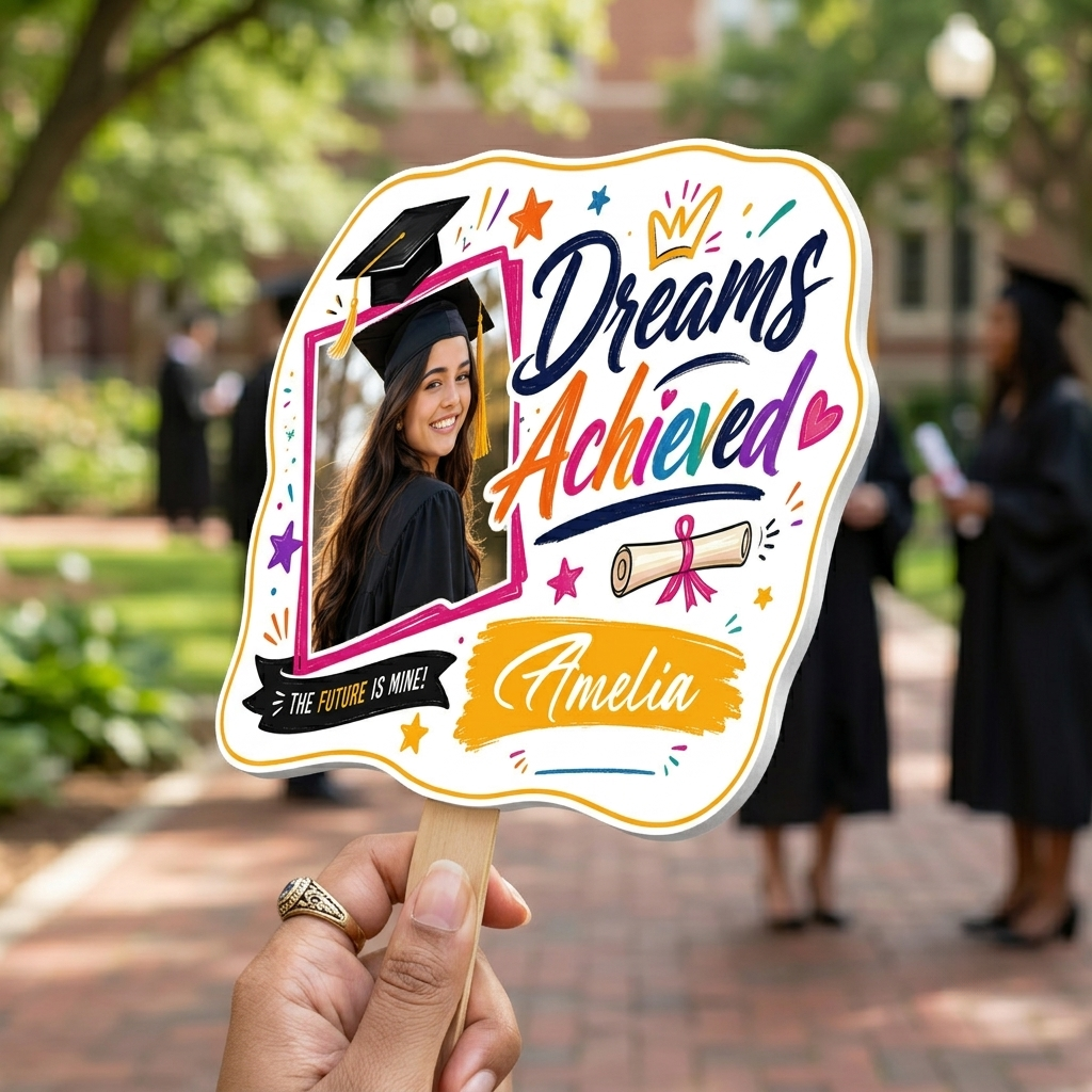 Personalized Dreams Achieved Custom Shape Photo Hand Fan, Graduation Fan with Photo & Name