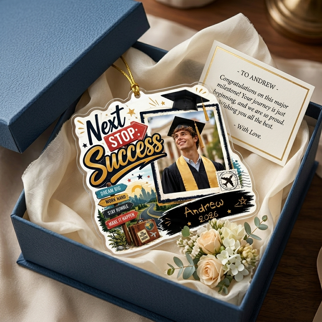 Next Stop: Success Personalized Acrylic Ornament with Photo, Custom Name Graduation Gift