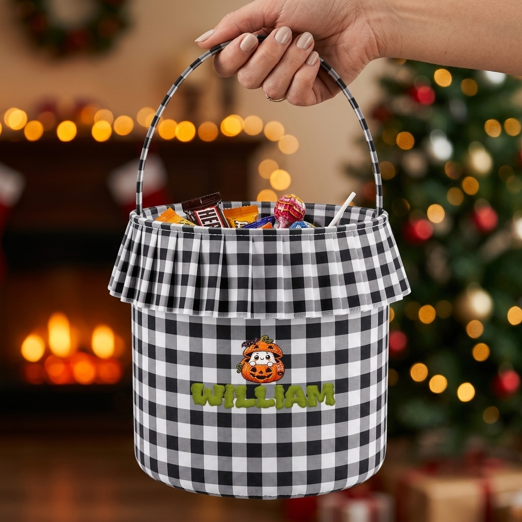 Personalized Halloween Ghost Pumpkin 3D Puff Embroidered Ruffle Basket Custom Name Trick or Treat Bucket