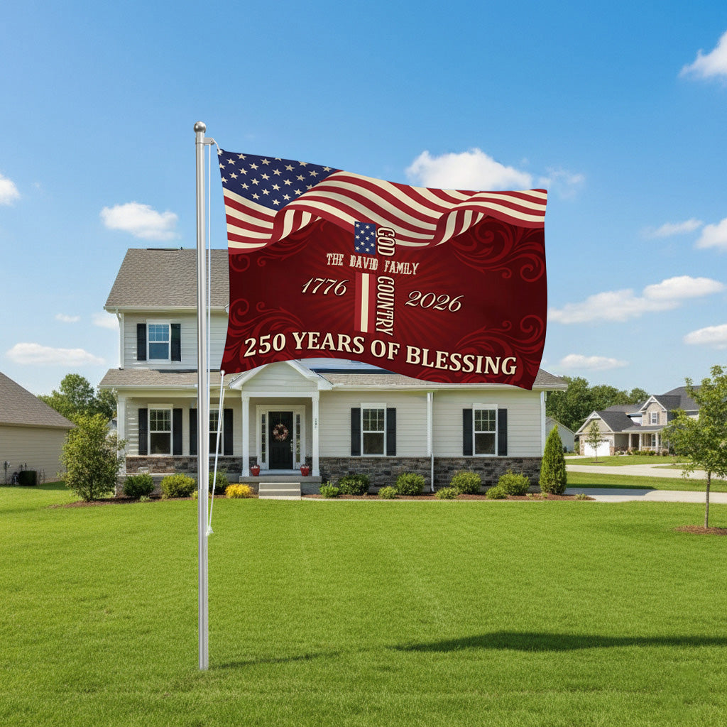 Custom Family Name Patriotic American, 250 Years of Blessing God House Flag Red