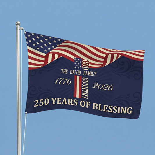 Custom Family Name Patriotic American, 250 Years of Blessing God House Flag Navy