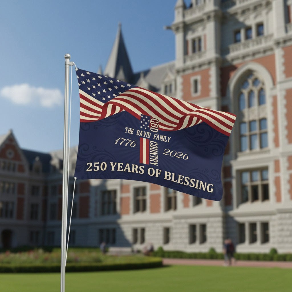 Custom Family Name Patriotic American, 250 Years of Blessing God House Flag Navy