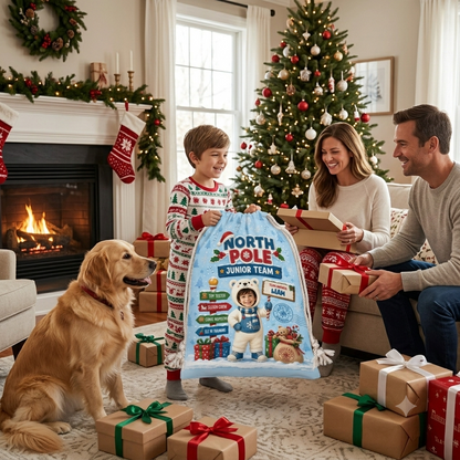 Personalized North Pole Junior Team Christmas Sack, Custom Name Santa Gift Bag