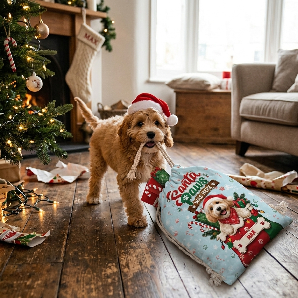 Personalized Santa Paws Was Here Christmas Sack, Custom Pet Name Santa Gift Bag
