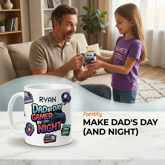 Personalized Gamer Dad Mug - Dad by Day Gamer by Night Custom Name Coffee Mug