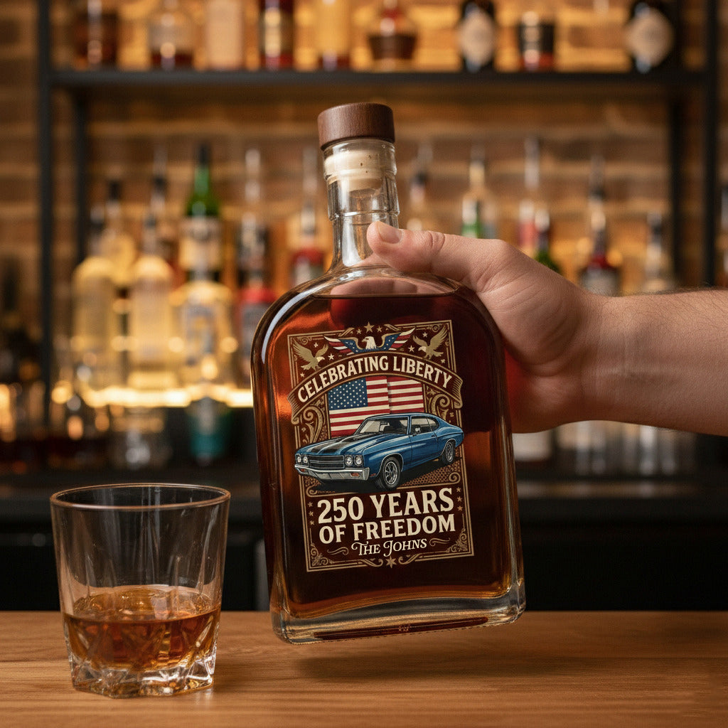 Custom Car Photo I Ride for America 250 Whiskey Bottle