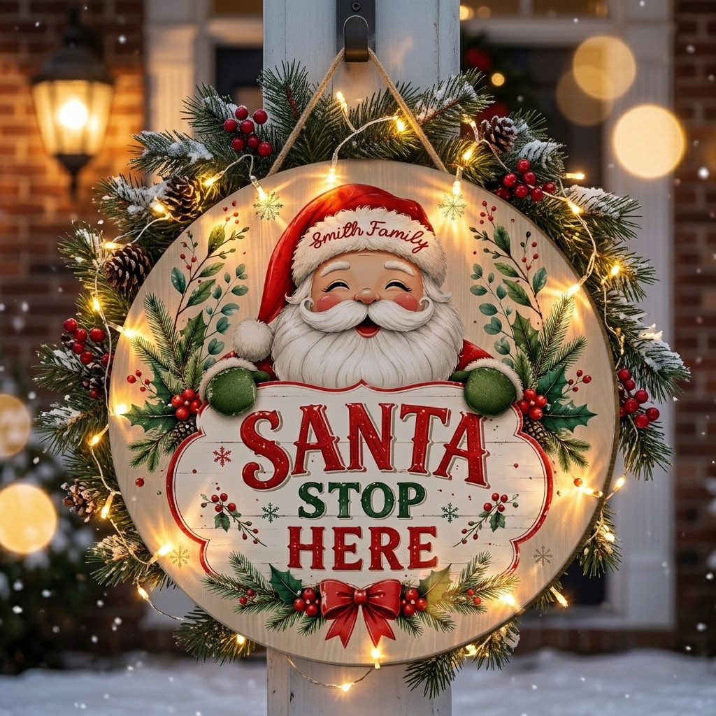 Personalized Santa Stop Here Custom Shape Wood Sign, Custom Family Name Santa Claus Round Wooden Wall Hanging Decor for Christmas Front Door & Home