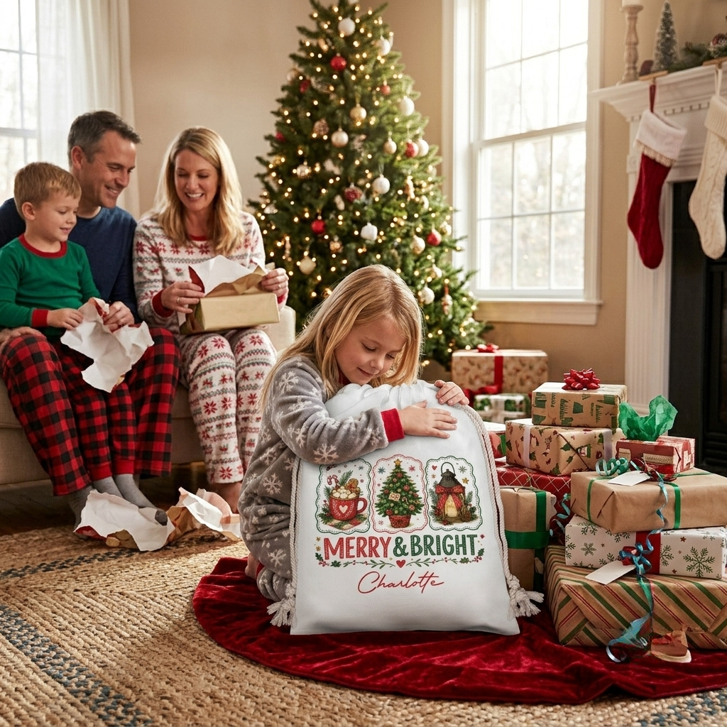 Personalized Merry & Bright Christmas Sack, Custom Name Santa Gift Bag