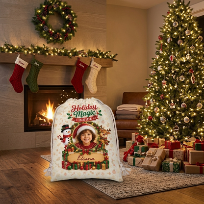 Personalized Holiday Magic Inside Christmas Sack, Custom Name Santa Gift Bag