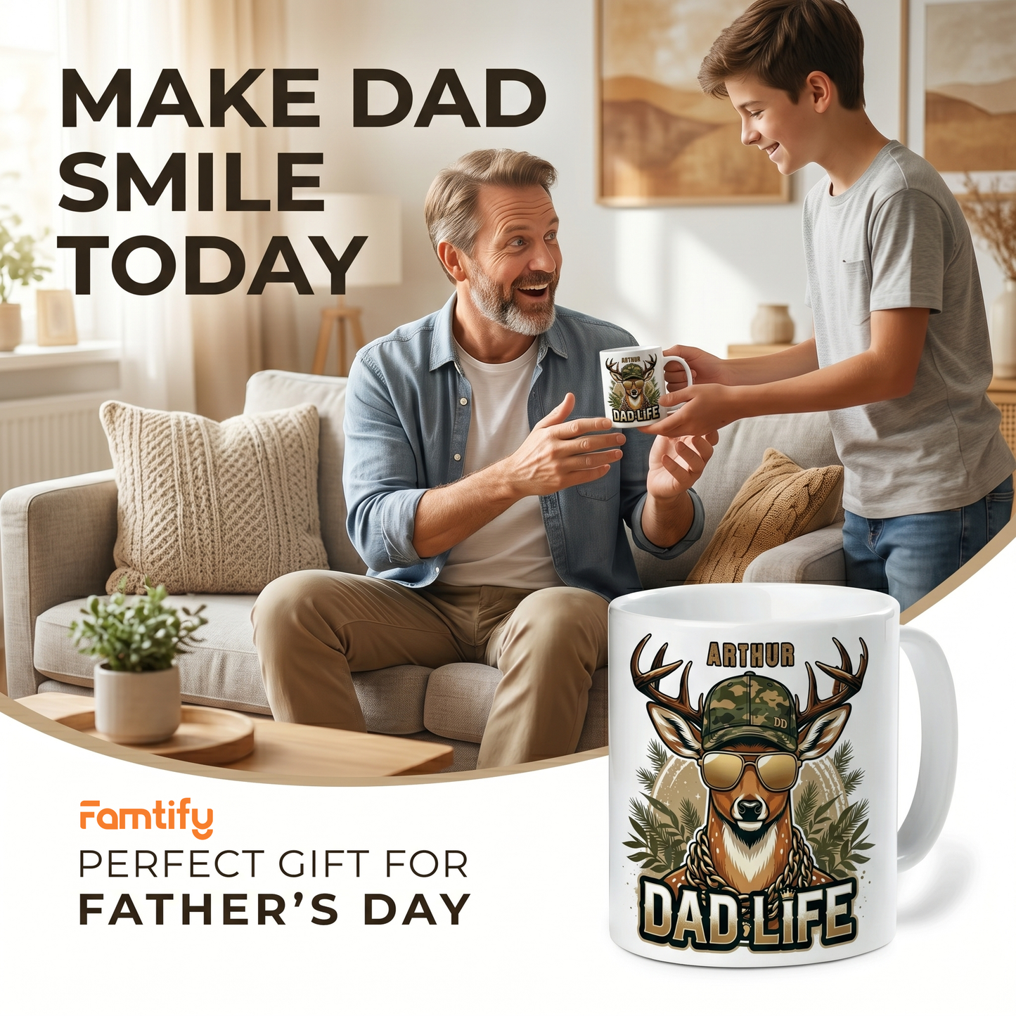 Personalized Dad Life Mug – Custom Name Deer Coffee Mug for Father