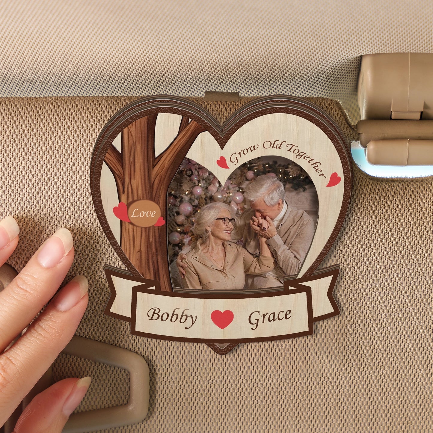 Grow Old Together – Wedding & Anniversary Car Gift for Couples – Personalized Heart-Shape Photo 2-Layer Wooden Car Clip