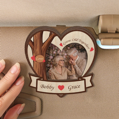 Grow Old Together – Wedding & Anniversary Car Gift for Couples – Personalized Heart-Shape Photo 2-Layer Wooden Car Clip