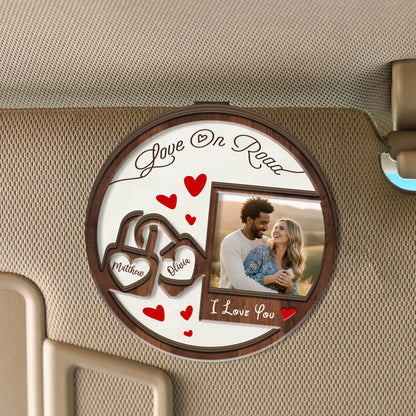 Love On The Road – Car Accessory Gift for Couples – Personalized Photo 2-Layer Wooden Car Clip