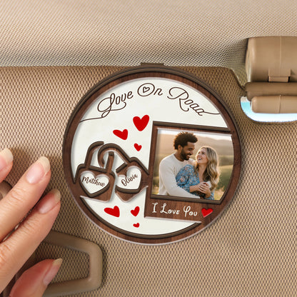 Love On The Road – Car Accessory Gift for Couples – Personalized Photo 2-Layer Wooden Car Clip