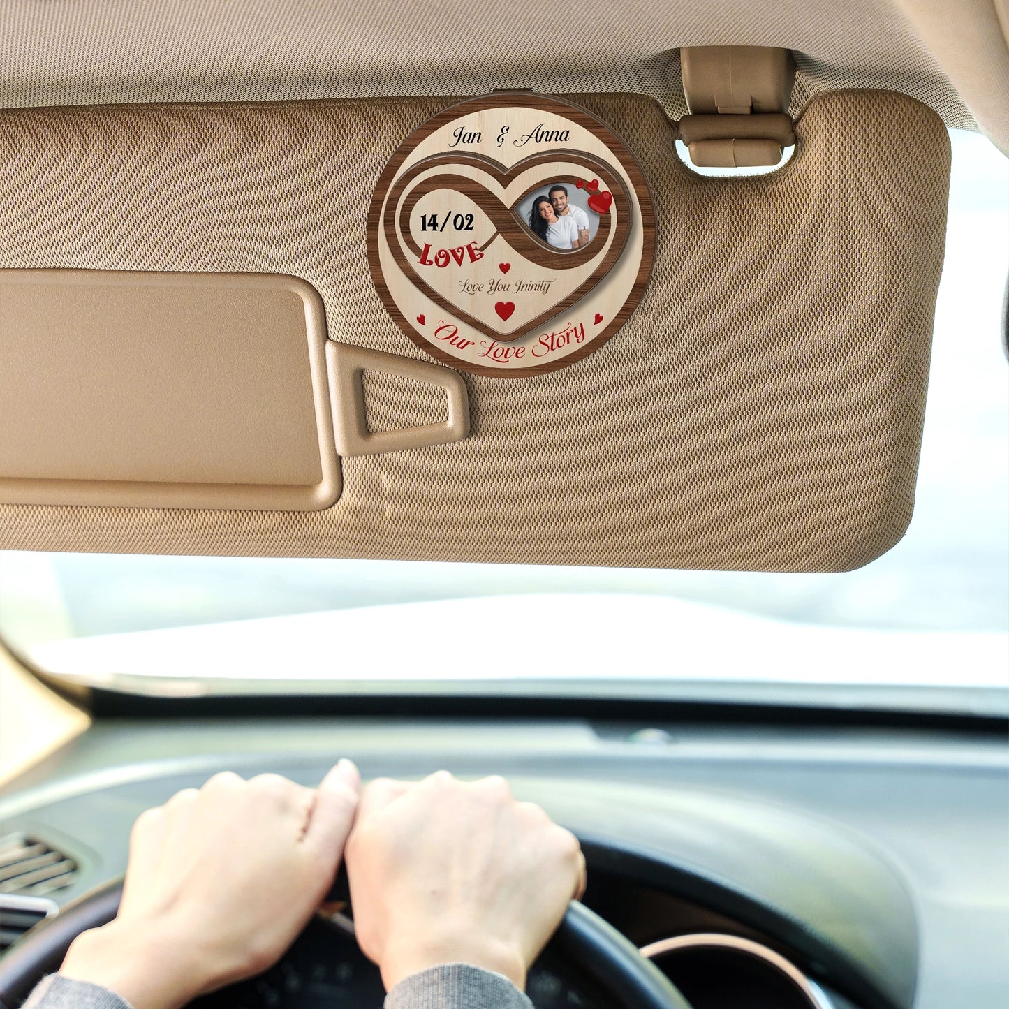 Love You To Infinity – Meaningful Car Gift for Couples – Personalized Photo 2-Layer Wooden Car Clip