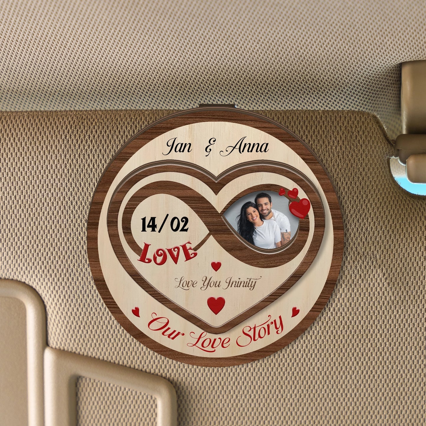 Love You To Infinity – Meaningful Car Gift for Couples – Personalized Photo 2-Layer Wooden Car Clip