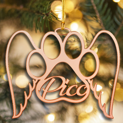 Memorial Loss Of Pet Paw With Angel Wings Mirrored Acrylic Ornament - Custom Pet's Name Gift