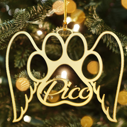 Memorial Loss Of Pet Paw With Angel Wings Mirrored Acrylic Ornament - Custom Pet's Name Gift