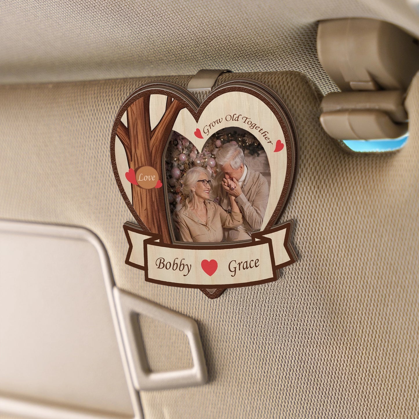 Grow Old Together – Wedding & Anniversary Car Gift for Couples – Personalized Heart-Shape Photo 2-Layer Wooden Car Clip