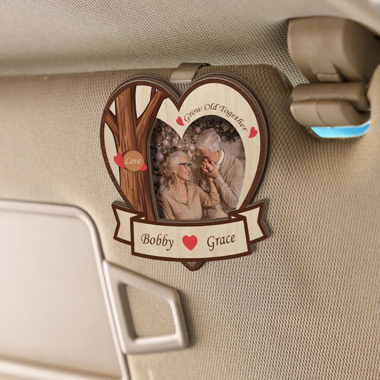 Grow Old Together - Wedding & Anniversary Car Gift for Couples - Personalized Heart-Shape Photo 2-Layer Wooden Car Clip